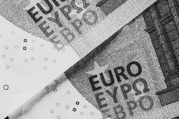 선택적으로는 Euro 지폐의 사항에 초점을 맞춘다 Euro 지폐의 매크로 디테일을 — 스톡 사진