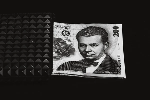 Billetes Dinero Rumano Lei Billetera Negra Aislados — Foto de Stock