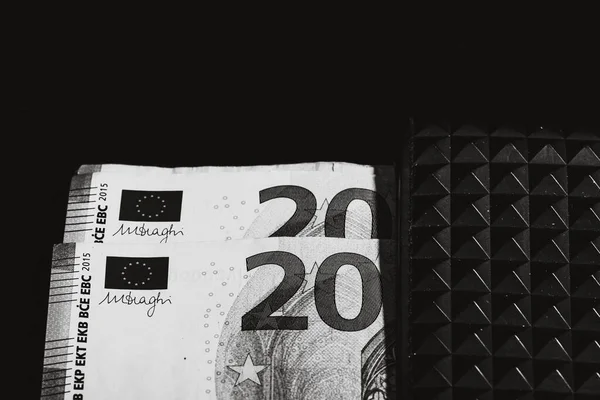Billets Euros Portefeuille Noir Isolé — Photo