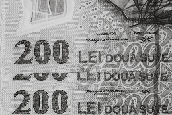 レイ銀行券の詳細に焦点を当てます ルーマニア語レイ紙幣のマクロの詳細を閉じ 200レイ孤立した 世界のお金の概念 インフレと経済の概念 — ストック写真