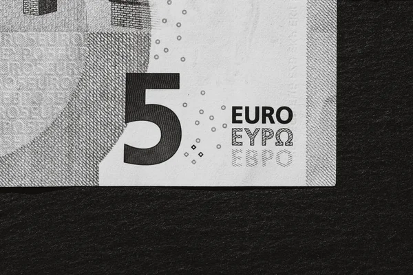 有选择地关注欧元钞票的细节 密切关注货币钞票的宏观细节 孤立5欧元 世界货币概念 通货膨胀和经济概念 — 图库照片
