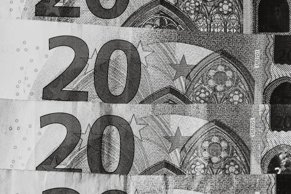 ユーロ銀行券の詳細に焦点を当てます お金の銀行券のマクロの詳細を閉じます 20ユーロ孤立 世界のお金の概念 インフレと経済の概念 — ストック写真