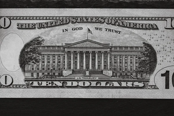 10ドル紙幣の詳細を選択的に焦点を当てる お金の銀行券 ドルのマクロの詳細を閉じます 世界のお金の概念 インフレと経済の概念 — ストック写真