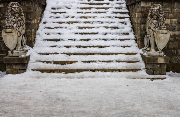 Stairs covered with fresh snow. Danger of accident on snow-covered slippery steps