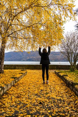 Autumn leaves fallen on alone woman walking on the autumn alley