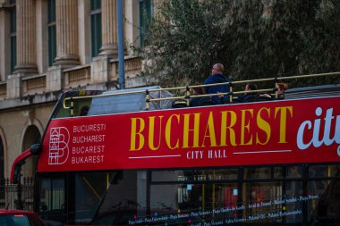 Tourist double decker red bus. Bucharest City Tour Bus.  Bucharest, Romania, 2023