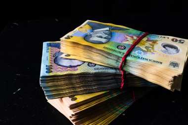 Bir yığın LEI Romanya parası. RON Leu Para Avrupa Para Birimi