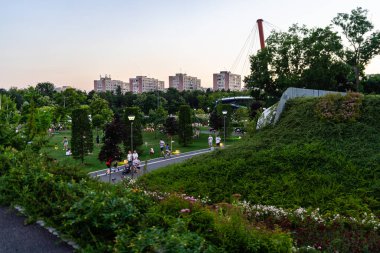 Beautiful city park and people having fun in Bucharest, Romania, 2023
