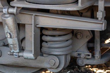 Bükreş, Romanya, 2023 'teki tren süspansiyon ve tekerleklerinin ayrıntıları