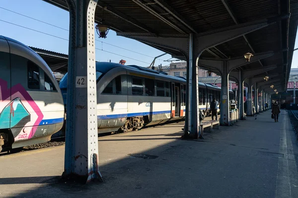 stock image Train in motion or at train platform at North Rail station (Gara de Nord). Train transport infrastructure. Bucharest, Romania, 2023