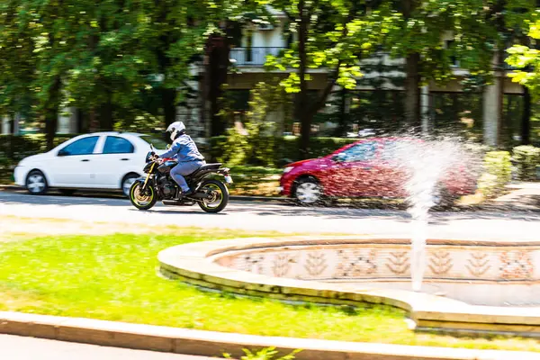 Biker Motorcycle Traffic Rush Hour Downtown Area City Bucharest Romania — Stock Photo, Image