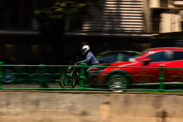Biker Motorcycle Traffic Rush Hour Downtown Area City Bucharest Romania — Stok Foto