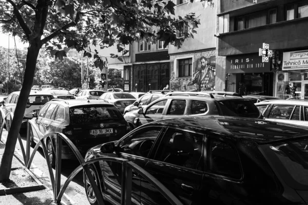 Car Traffic Pollution Traffic Jam City Downtown Bucharest Romania 2023 — Zdjęcie stockowe