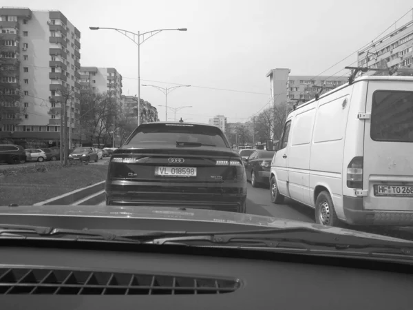 Car Traffic Pollution Traffic Jam City Downtown Bucharest Romania 2023 — Fotografia de Stock