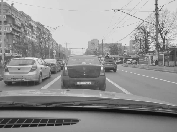 Car Traffic Pollution Traffic Jam City Downtown Bucharest Romania 2023 — Stock Fotó