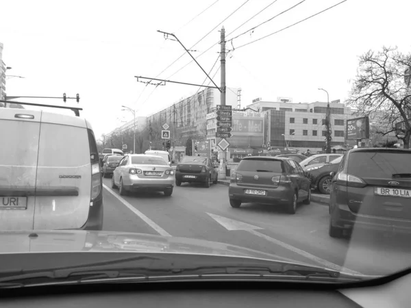 Car Traffic Pollution Traffic Jam City Downtown Bucharest Romania 2023 — Zdjęcie stockowe