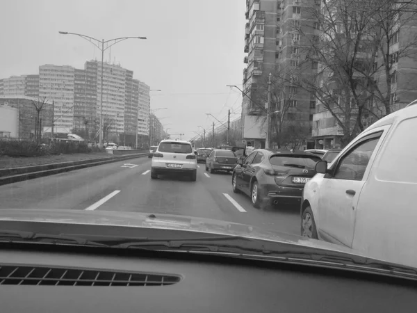 Car Traffic Pollution Traffic Jam City Downtown Bucharest Romania 2023 — Stockfoto