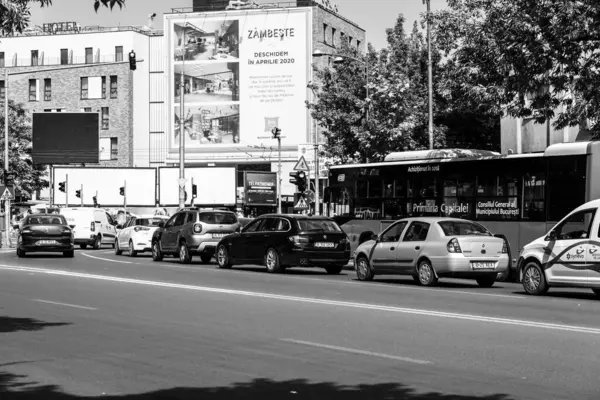 Car Traffic Pollution Traffic Jam City Downtown Bucharest Romania 2023 — Foto de Stock