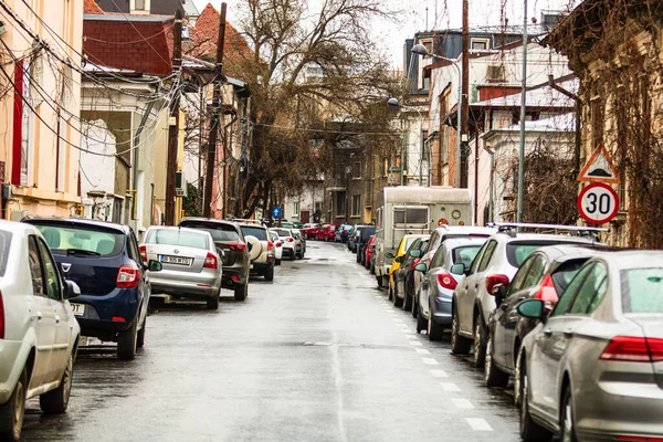 stock image Car traffic at rush hour in downtown area of the city. Car pollution, traffic jam in the morning and evening in the capital city of Bucharest, Romania, 2020