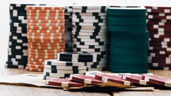 Empilement Jetons Poker Pour Les Jeux Casino Enjeux Élevés — Photo