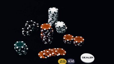 Yüksek bahisli kumarhane oyunları için bir yığın poker fişi.