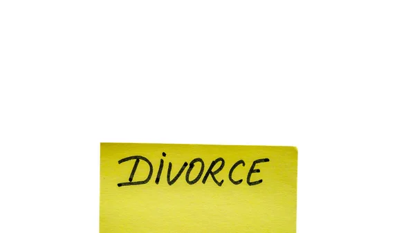 Διαζύγιο Χειρόγραφο Κείμενο Κοντά Απομονώνονται Κίτρινο Χαρτί Αντίγραφο Χώρο — Φωτογραφία Αρχείου