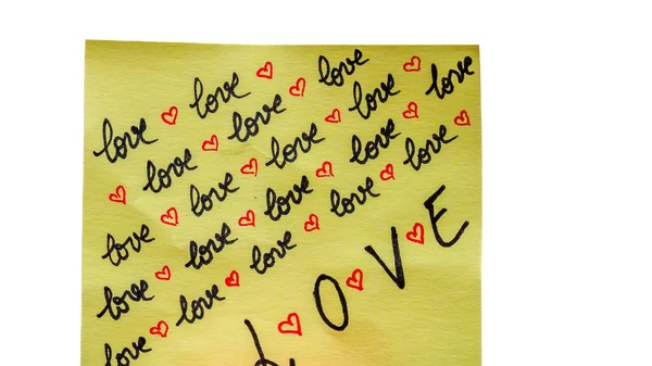 Amor Texto Escritura Cerca Aislado Papel Amarillo Con Espacio Copia —  Fotos de Stock