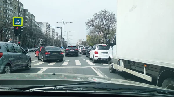 Nárazník Nárazníku Přetížení Městské Dopravy Během Dopravní Špičky Bukurešti Rumunsko — Stock fotografie