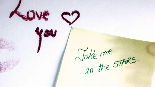 Valentine Day Concept Lipstick Kiss Writing Drawing Lipstick Take Stars — Stock Photo, Image