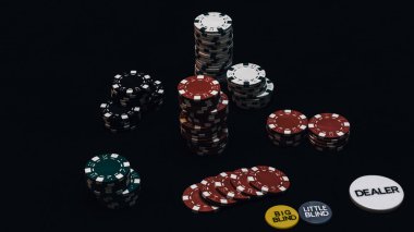 Yüksek bahisli kumarhane oyunları için bir yığın poker fişi.