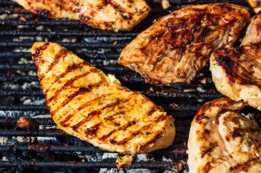 Kömür mangalında ızgara tavuk ve domuz eti. Kamp manzarası, lezzetli barbekü, yemek konsepti, ızgaradaki yemek ve ızgaradaki yemeğin ayrıntıları.