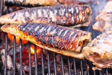 Izgara balık ve mangal kömürü. Izgaradaki balığı kapat.