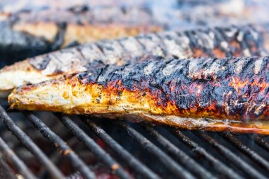 Kömür ızgarasında ızgara balık. Taze balık barbeküsü.