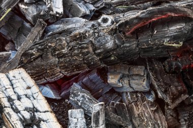 Yanan odun parçaları kömür oluşturur. Barbekü hazırlığı, pişirmeden önce ateş. Sıcak kömür çok ısıtılmış ahşaptan yapılır..