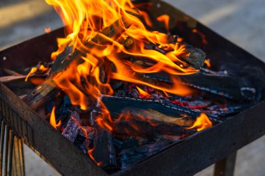 Kömür oluşturmak için odun parçaları yakmak. Barbekü hazırlığı, pişirmeden önce ateş..