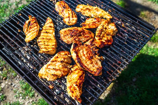 Kip Varkensvlees Gegrild Een Houtskoolbarbecue Top Uitzicht Camping Smakelijke Barbecue — Stockfoto