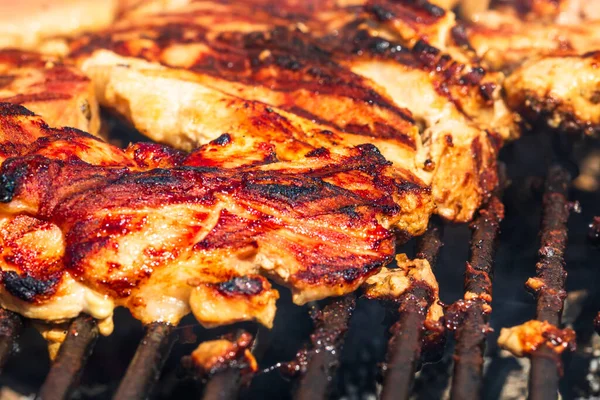 Steak Poulet Porc Grillé Sur Barbecue Charbon Bois Vue Dessus — Photo