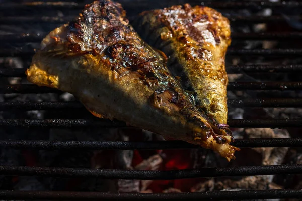 Gegrilde Makreel Vis Met Rook Een Houtskoolbarbecue — Stockfoto