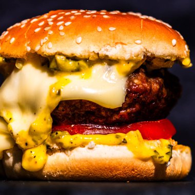 Lezzetli ev yapımı çizburger. Turşulu çizburger, domates, soğan, erimiş peynir.