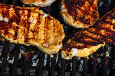 Kömür mangalında ızgara tavuk ve domuz eti. Kamp manzarası, lezzetli barbekü, yemek konsepti, ızgaradaki yemek ve ızgaradaki yemeğin ayrıntıları.