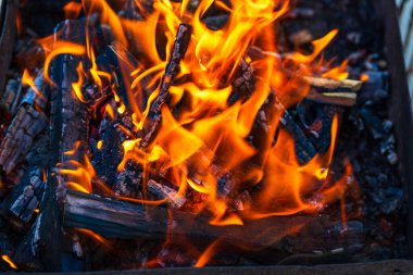 Kömür oluşturmak için odun parçaları yakmak. Barbekü hazırlığı, pişirmeden önce ateş..