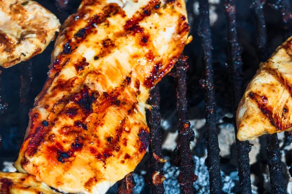 Chicken Pork Steak Grilled Charcoal Barbeque Top View Camping Tasty — Stock Photo, Image
