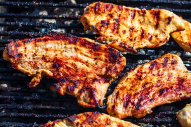 Kömür mangalında ızgara tavuk ve domuz eti. Kamp manzarası, lezzetli barbekü, yemek konsepti, ızgaradaki yemek ve ızgaradaki yemeğin ayrıntıları.