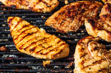 Kömür mangalında ızgara tavuk ve domuz eti. Kamp manzarası, lezzetli barbekü, yemek konsepti, ızgaradaki yemek ve ızgaradaki yemeğin ayrıntıları.