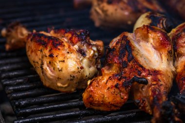 Biftek ızgara tavuk ve mangalda rulo köfte. Kamp manzarası, lezzetli barbekü, yemek konsepti, ızgaradaki yemek ve ızgaradaki yemeğin ayrıntıları.