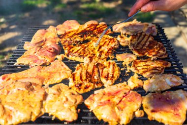 Kömür mangalında çiğ biftek. Kamp manzarası, lezzetli barbekü, yemek konsepti, ızgaradaki yemek ve ızgaradaki yemeğin ayrıntıları.