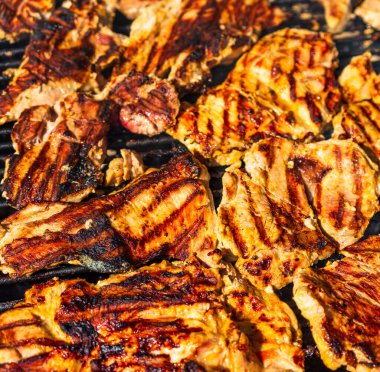 Kömür mangalında ızgara tavuk ve domuz eti. Kamp manzarası, lezzetli barbekü, yemek konsepti, ızgaradaki yemek ve ızgaradaki yemeğin ayrıntıları.