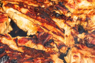 Kömür mangalında ızgara tavuk ve domuz eti. Kamp manzarası, lezzetli barbekü, yemek konsepti, ızgaradaki yemek ve ızgaradaki yemeğin ayrıntıları.