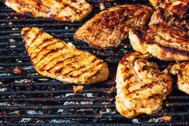 Kömür mangalında ızgara tavuk ve domuz eti. Kamp manzarası, lezzetli barbekü, yemek konsepti, ızgaradaki yemek ve ızgaradaki yemeğin ayrıntıları.