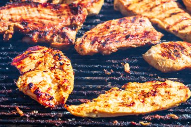 Kömür mangalında ızgara tavuk ve domuz eti. Kamp manzarası, lezzetli barbekü, yemek konsepti, ızgaradaki yemek ve ızgaradaki yemeğin ayrıntıları.